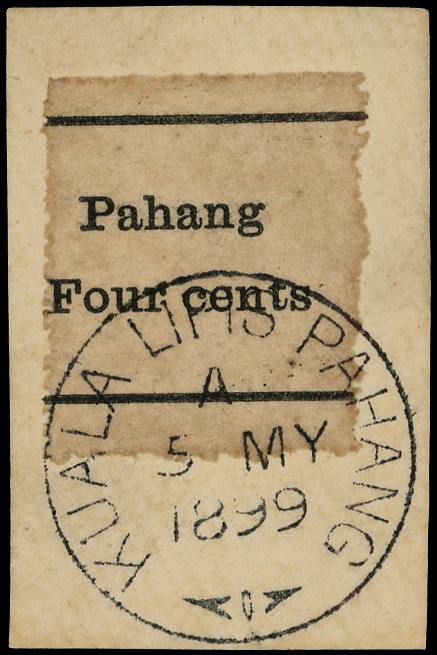 1899 4c on 5c provisional issue on plain paper, on piece with full Kuala Lipis CDS of 5 MY 1899, showing evidence of...