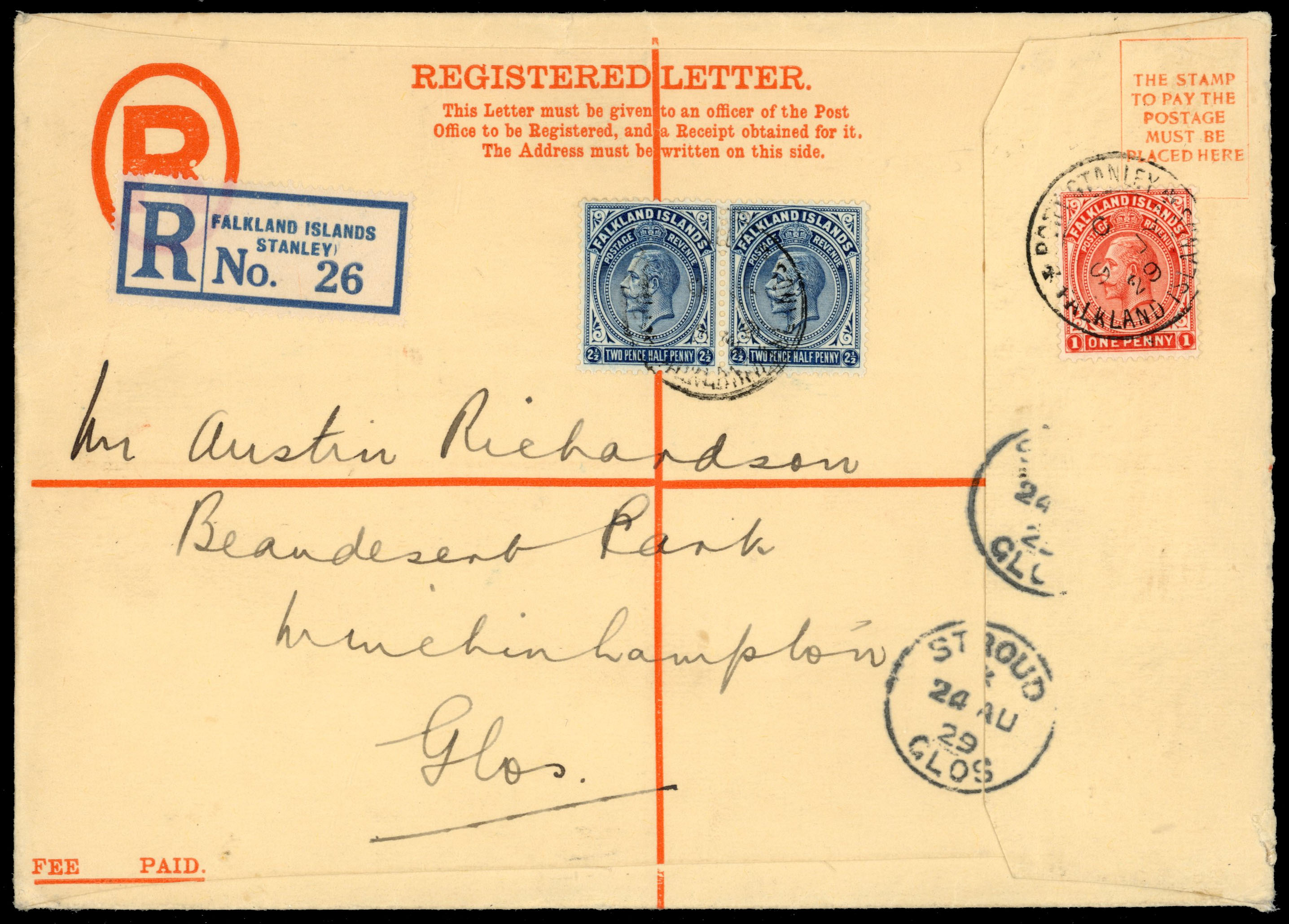 † Falkland Islands 1929 formula registered envelope to England