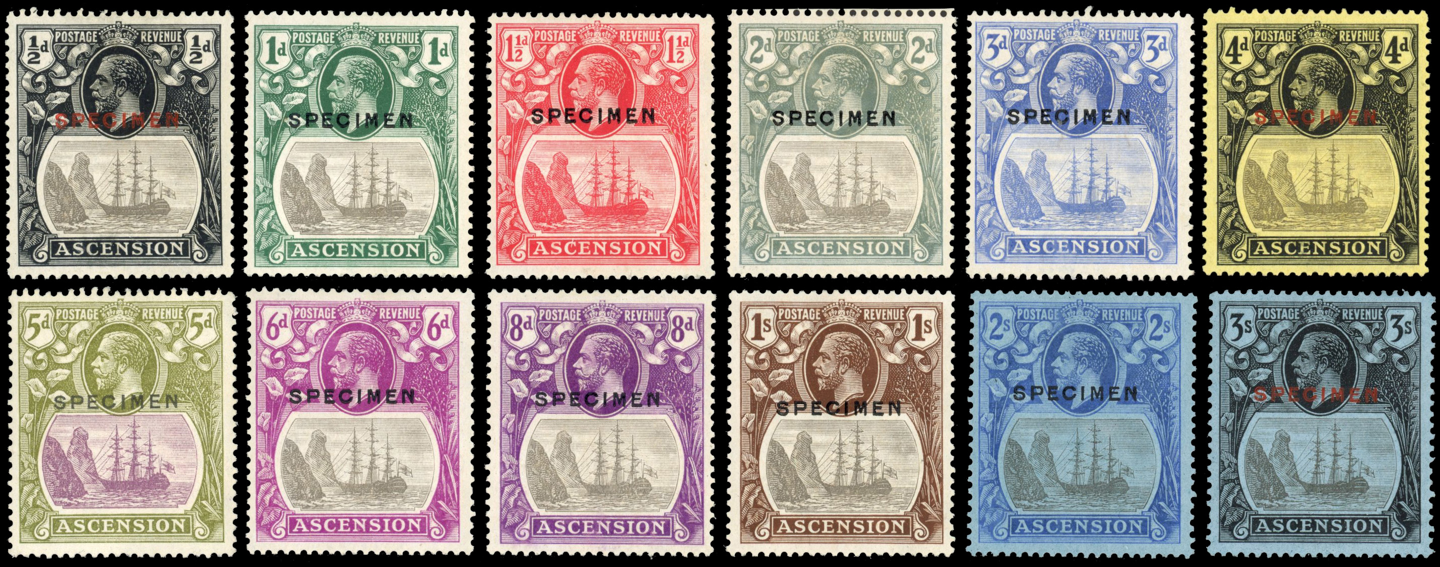 Ascension SG 10s-20s 1924-33 set Specimens, 1½d line through 'C'