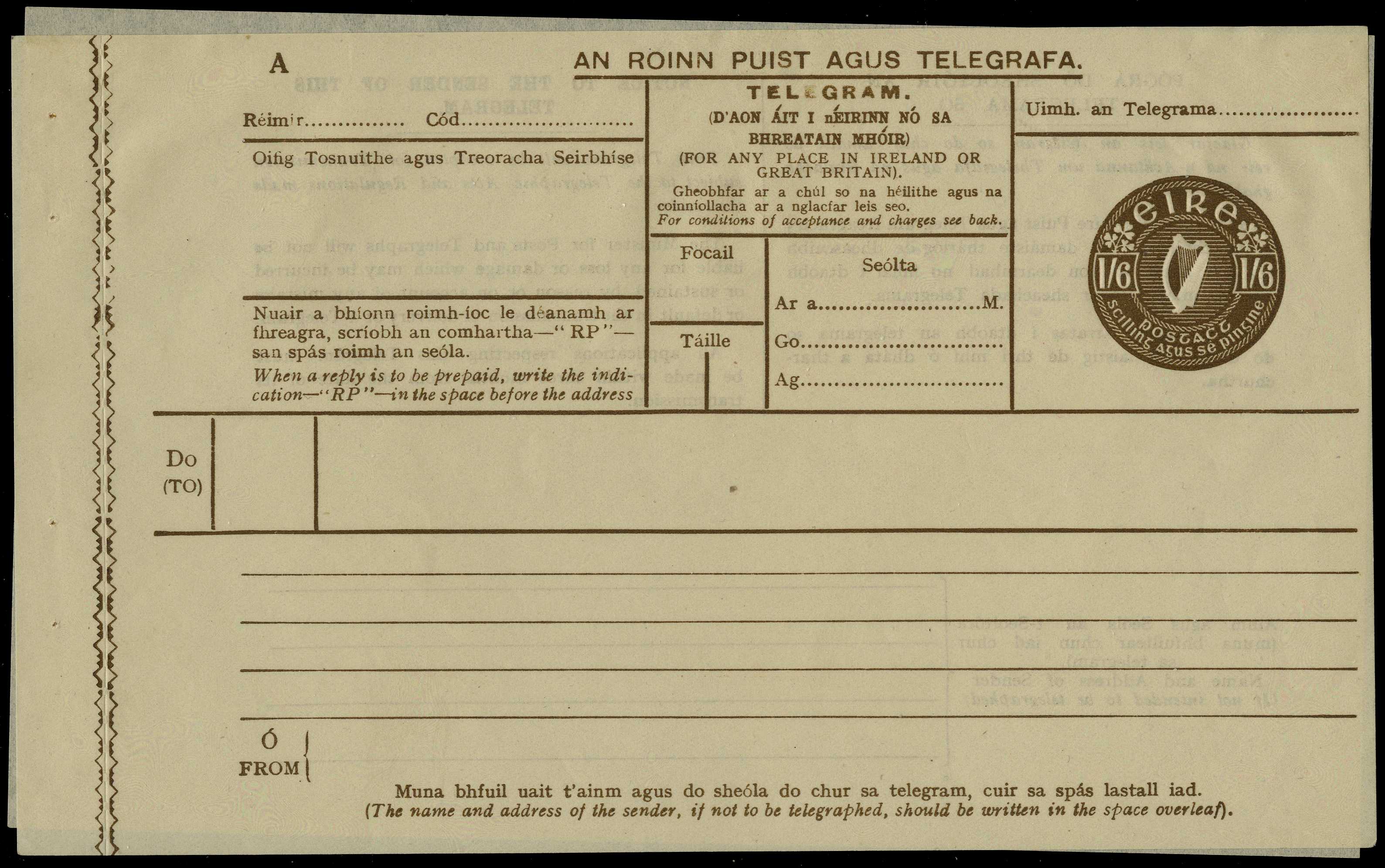 1929 1s6d brown Telegram Form A with...