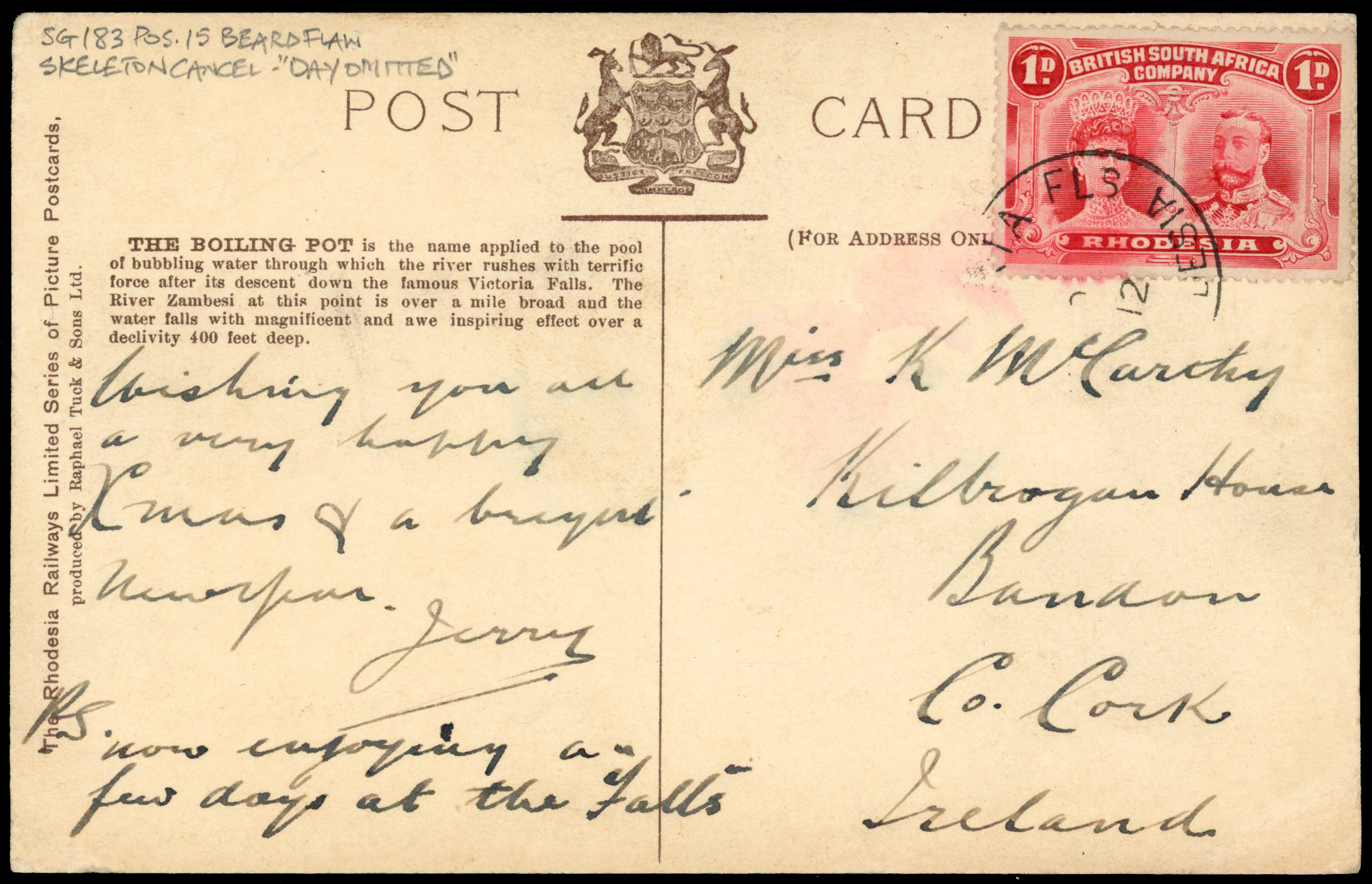 1d bright carmine perf 13½ on ppc. Victoria Falls SK cancel