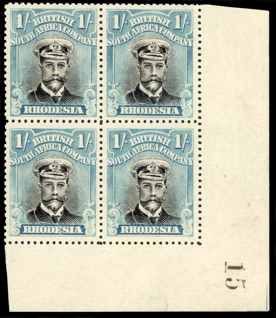 Rhodesia 1/- SG 317 corner block of four mint