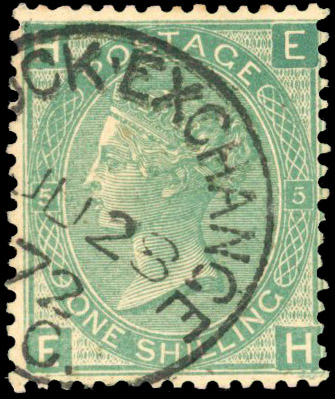 1872 1s green, Plate 5 (EH), so called ‘STOCK EXCHANGE FORGERY’ tied neat cds for ‘JU 23 72’. Fine