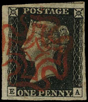 1840 1d black Plate 4 (EA), four close to...