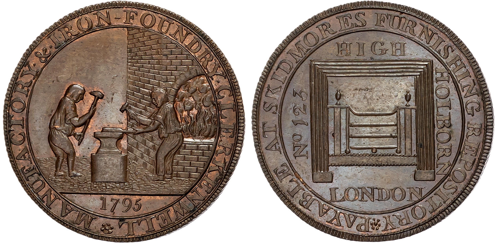 London , Holborn and Clerkenwell , John Skidmore (ironmonger and token manufacturer) Halfpenny 1795, Two men working at  …