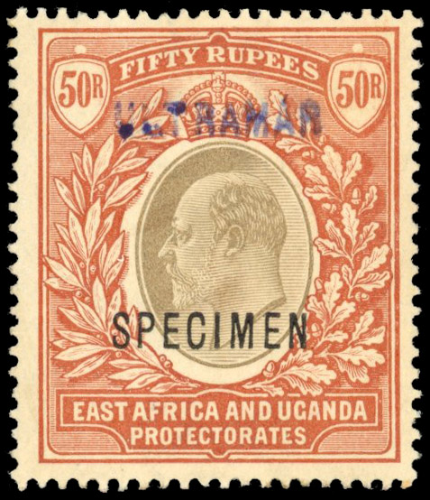 East Africa & Uganda SG 16s 1903 50r overprinted SPECIMEN and handstampeD ULTRAMAR