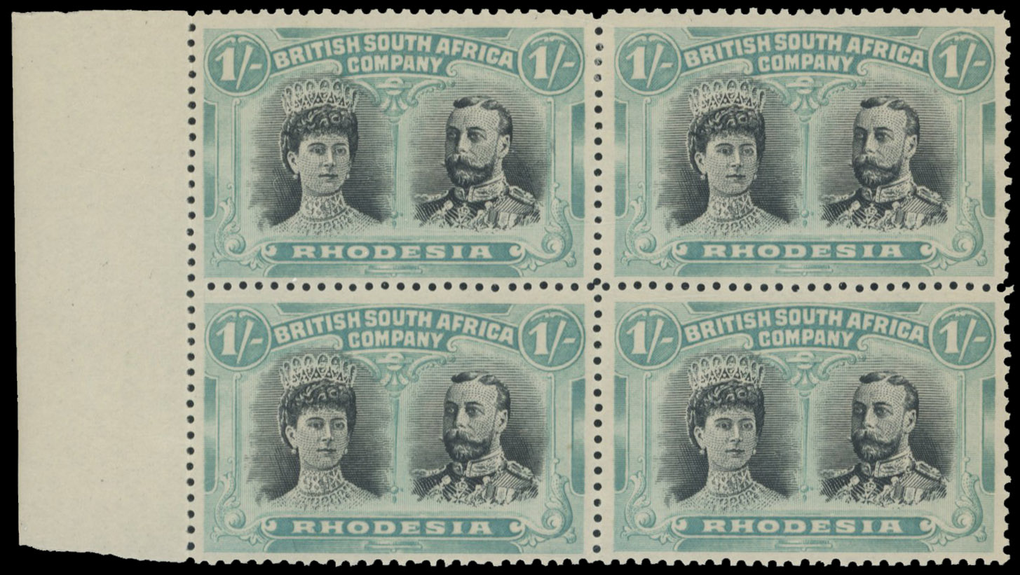 1s black and pale blue-green SG 152 block, positions 16-22 mint