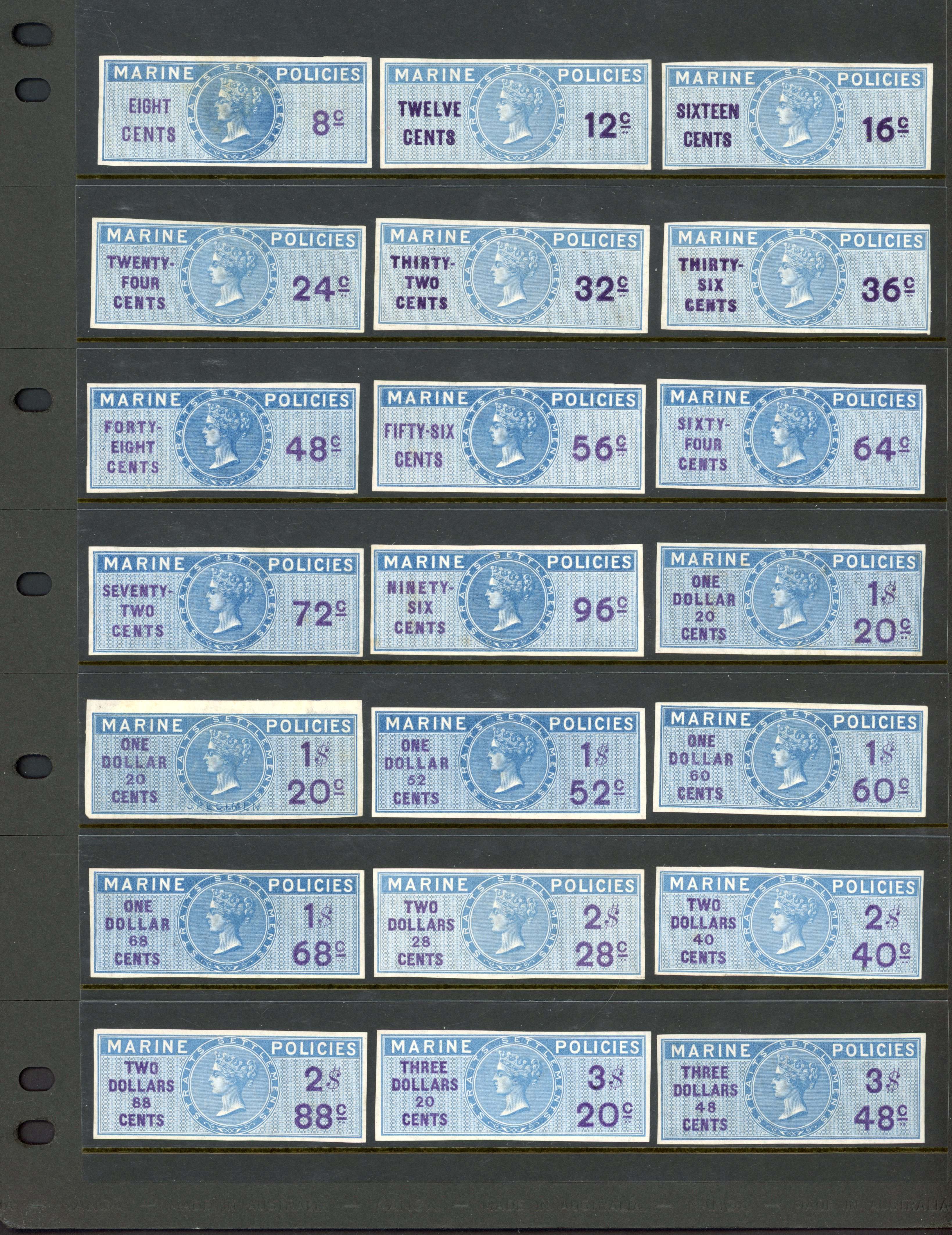 Straits Marine Policies 1868-72 Second Issue Plate Proofs set