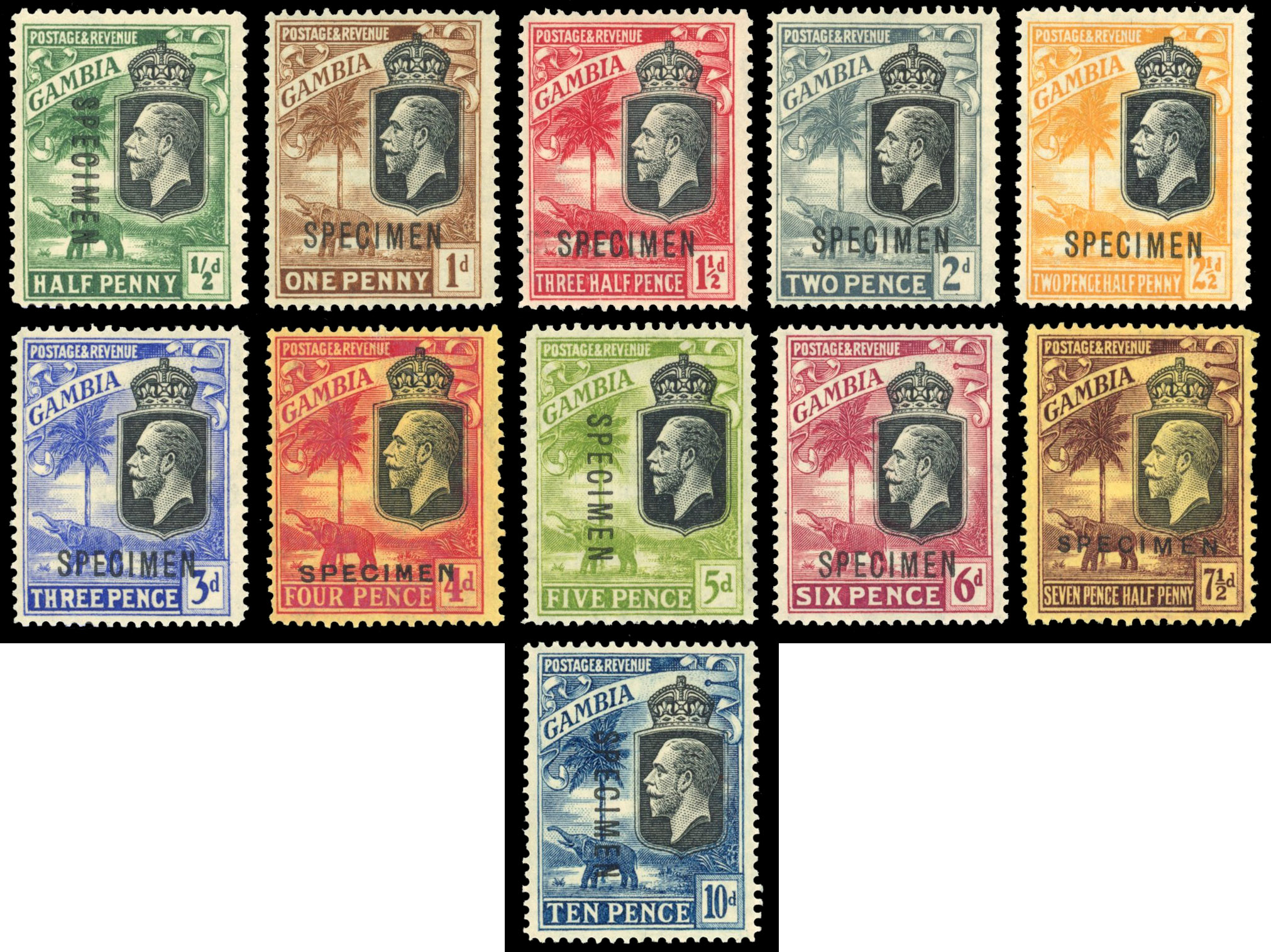 Gambia 1922-29 Script CA set of 19 to 10s optd ‘SPECIMEN’ SG 122s/142s