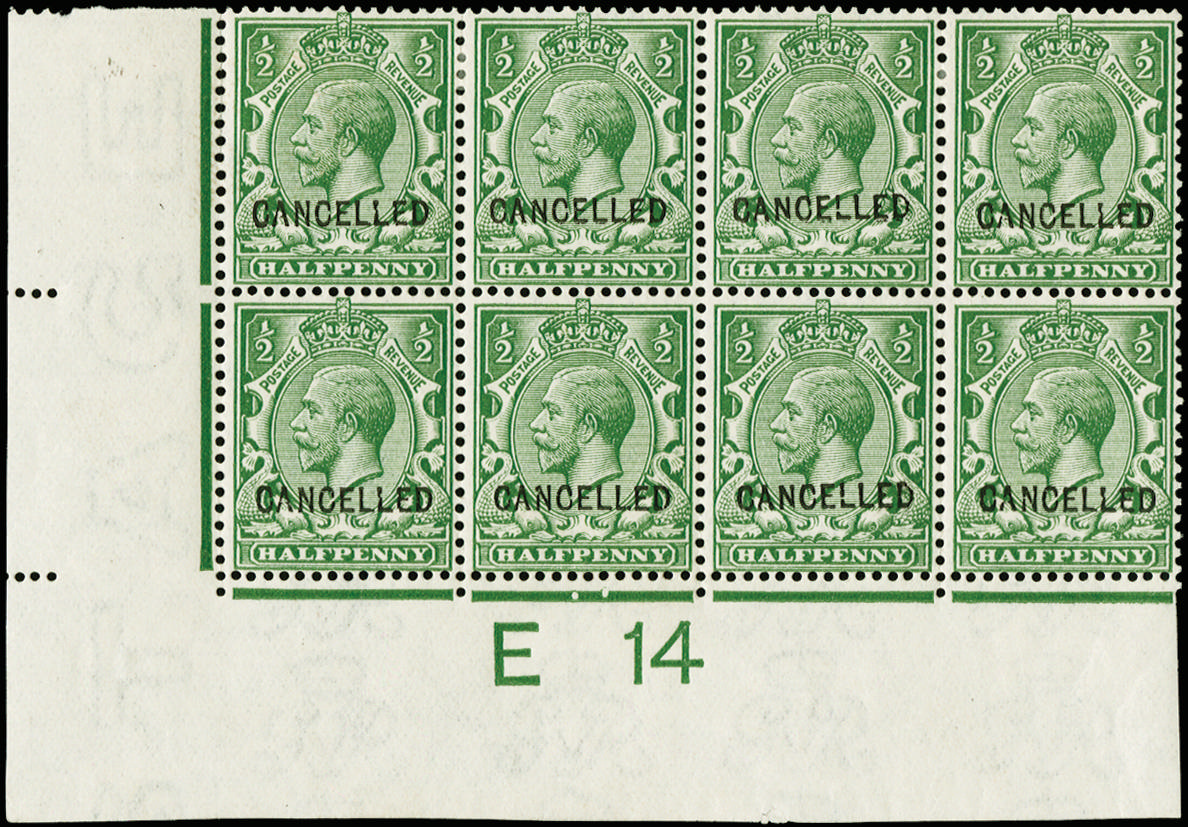 Great Britain 1913 ½d Green. Very fine unused o.g. corner marginal E 14 (I) control block of eight overprinted "CA…