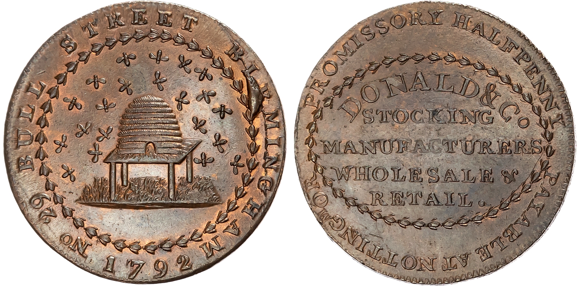 Notts.  Nottingham , William Donald & Co. (stocking manufacturers and retailers) Halfpenny 1792, Bees and hive, rev. adv …
