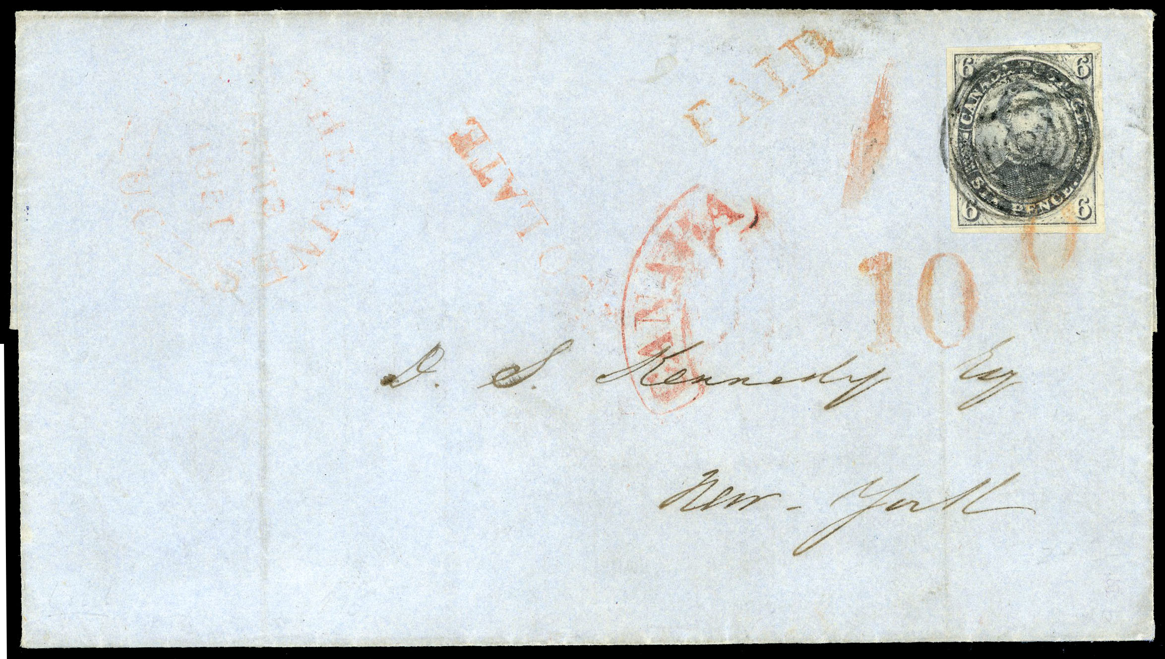 Canada 1851 SG2 Cover to New York with 6d slate-violet Too Late