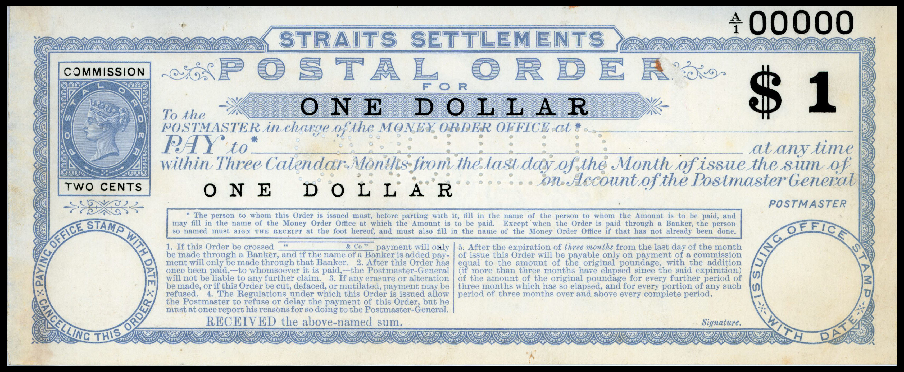 Malaya Straits Settlements POSTAL ORDER Cancelled Archive proof revenue