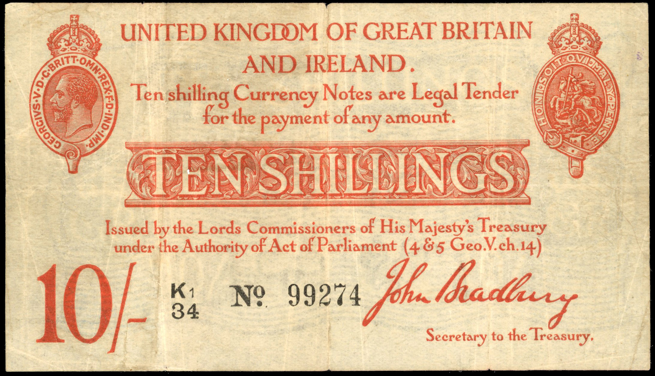 Treasury, J. Bradbury, (second issue), Ten Shillings, Mar. 1917, K1/34 99274, (Dugg. T12-2). Three creases and…