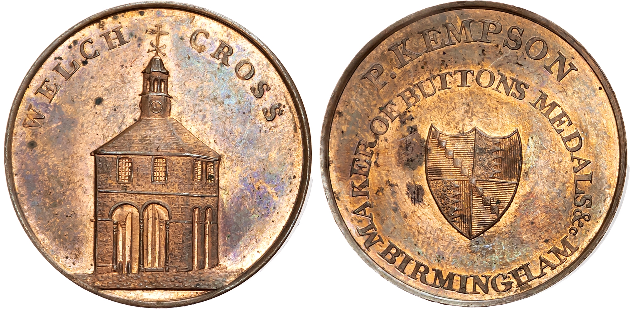 Warks. Birmingham , P Kempson’s Series of Birmingham Buildings, Halfpenny late 1790s, View of the Welch Cross, rev. Arms …