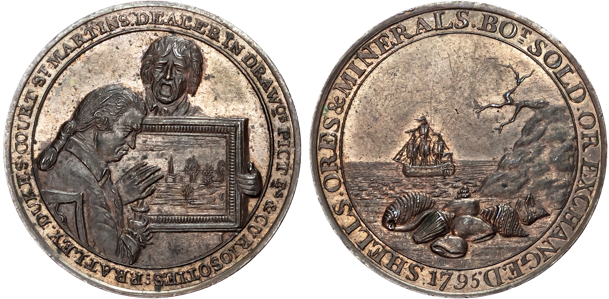 London, St. Martin’s Lane, Peter Ratley (curiosities and antiques dealer) Halfpenny 1795, Connoisseur examining an oil p …