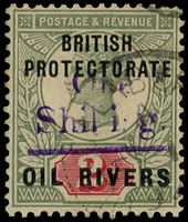 1893 1/- on 2d handstamped Type 11 in violet (Type B), still with evenly toned o.g., part Old Calabar River CDS for FE ?...
