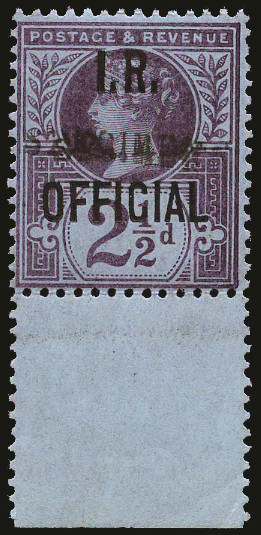 Great Britain 1892 2½d Purple/blue (I.R. Official). Superb unmounted o.g. bottom marginal example overprinted "SPE…
