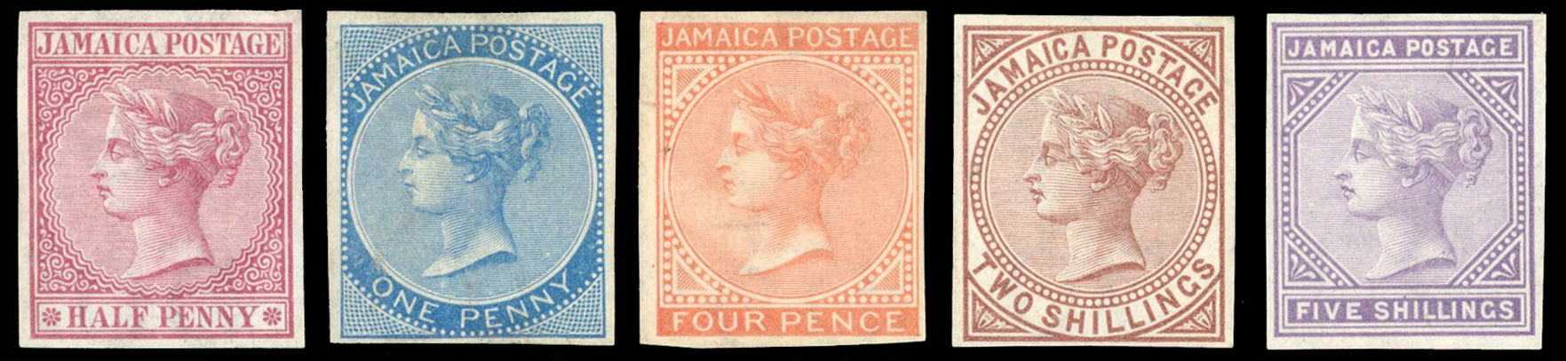 Jamaica 1870-83 ½d, 1d, 4d, 2s, 5s, the 'set' of 5 imperforate imprimaturs, SG 7/15var