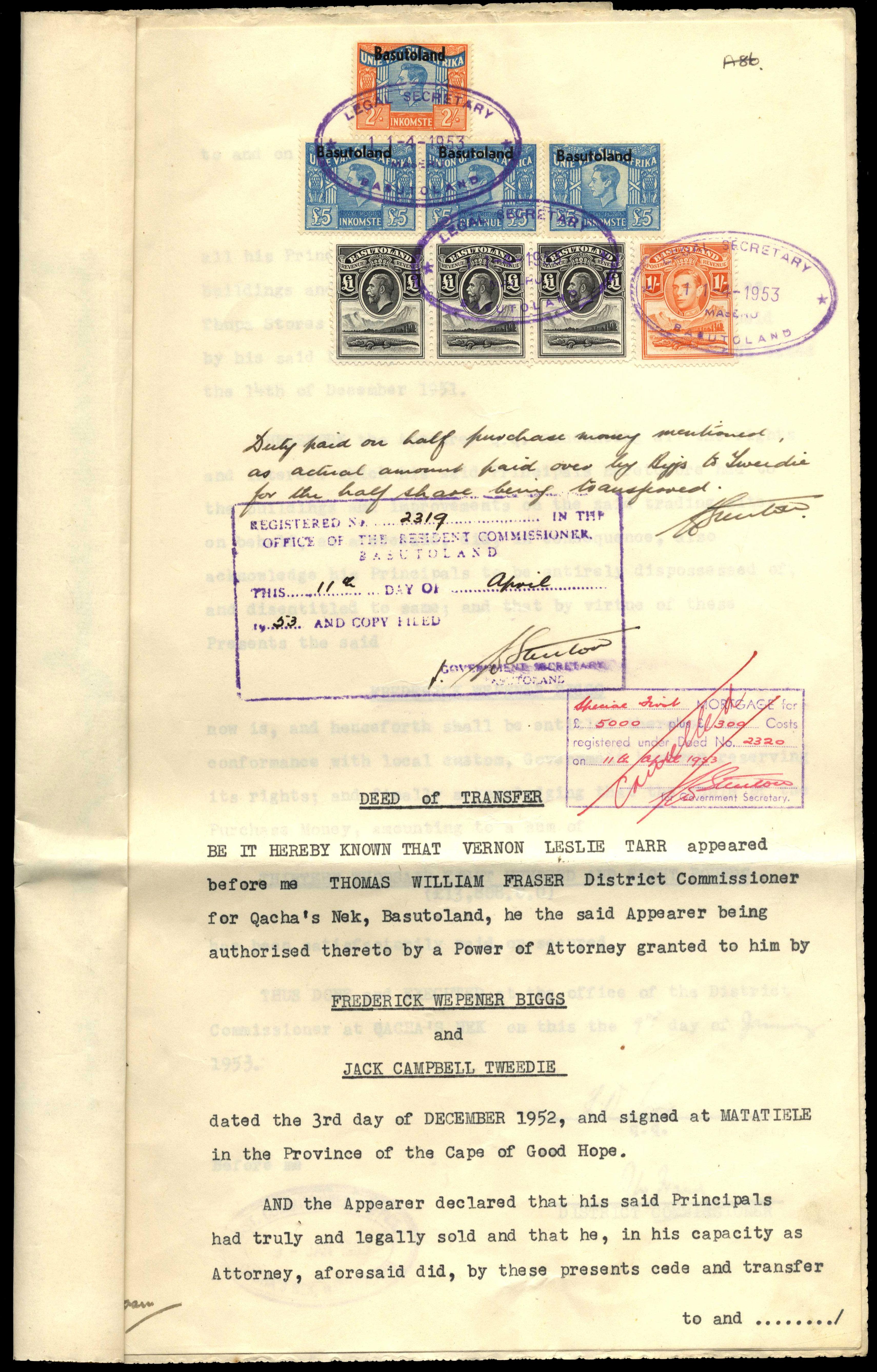 Basutoland Revenue 1953 mortgage bond £18/3/- franking.