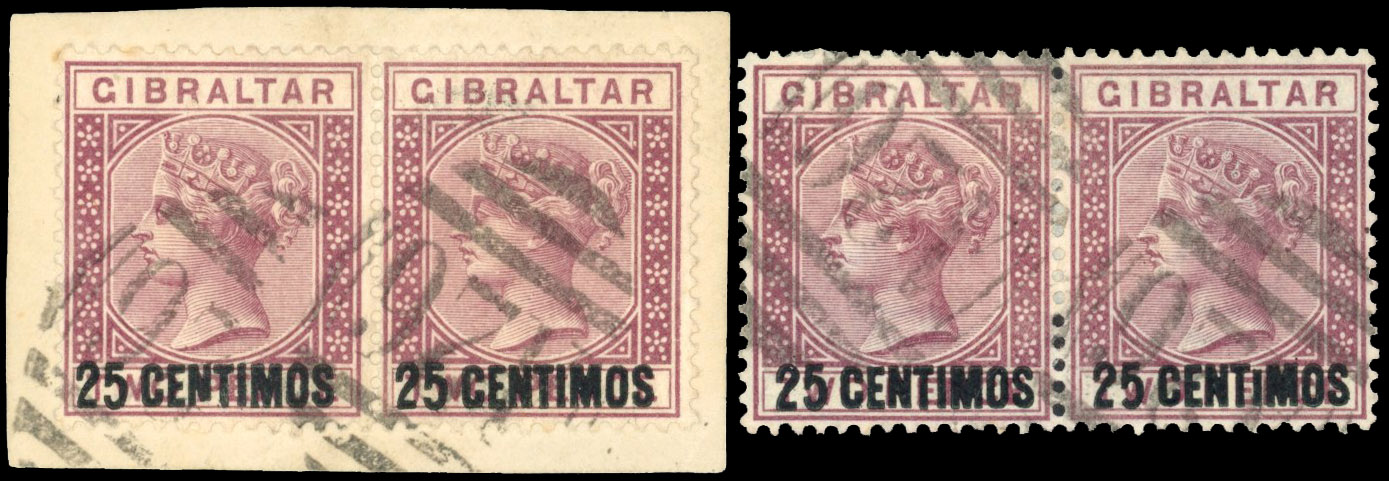 Gibraltar 1889 25c on 2d brown-purple horizontal pairs with broken 'n' and small 'i', SG 17, ab, b