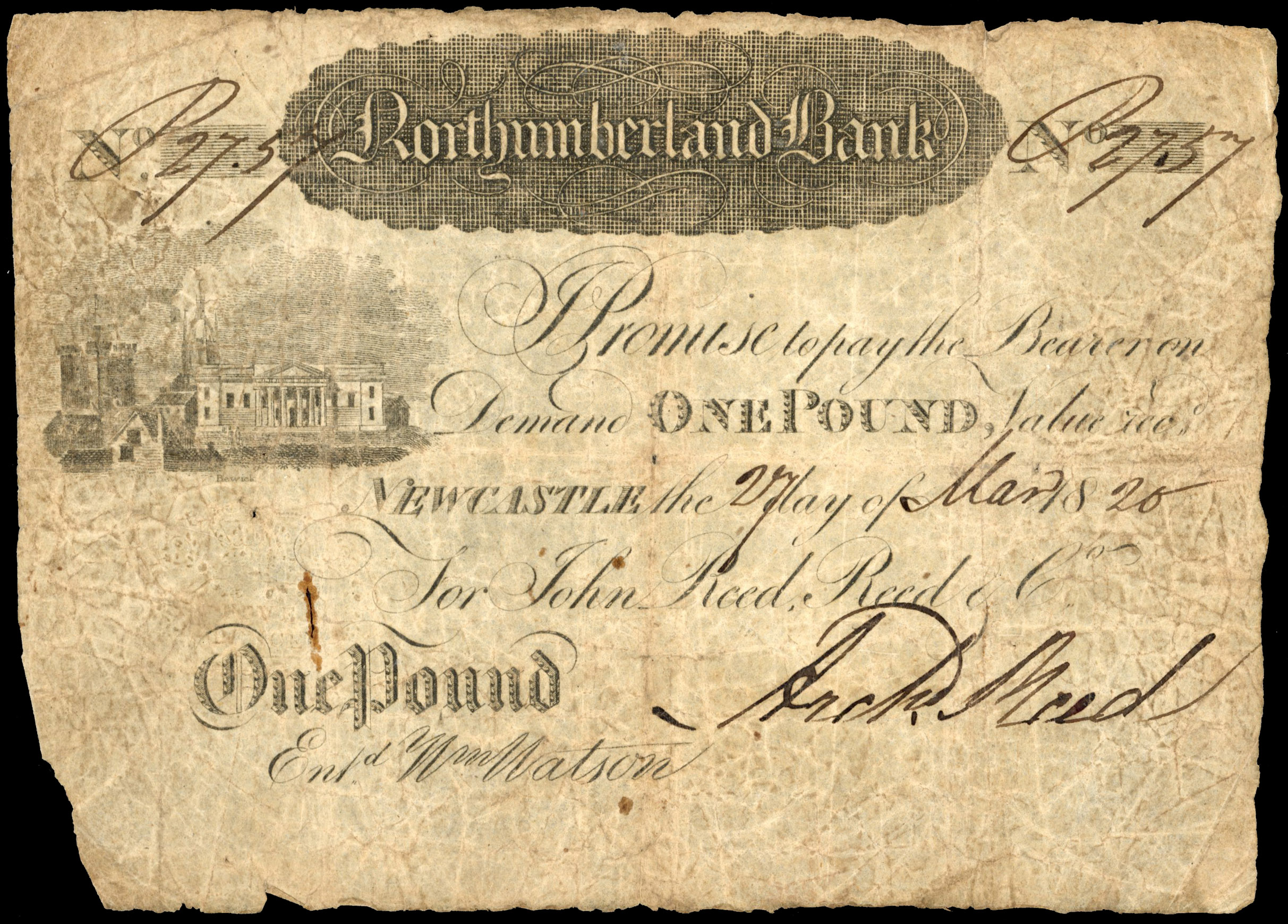NEWCASTLE-UPON-TYNE, Northumberland Bank, for John Reed, Reed & Co., £1.,27 Mar 1820, signed Archibald Reed, s…