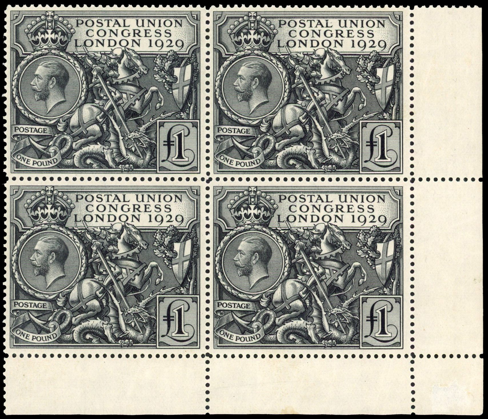 1929 £1 black PUC lower right hand corner marginal block of 4, fine facial appearnce a few trifling gum unmounted o.g.  