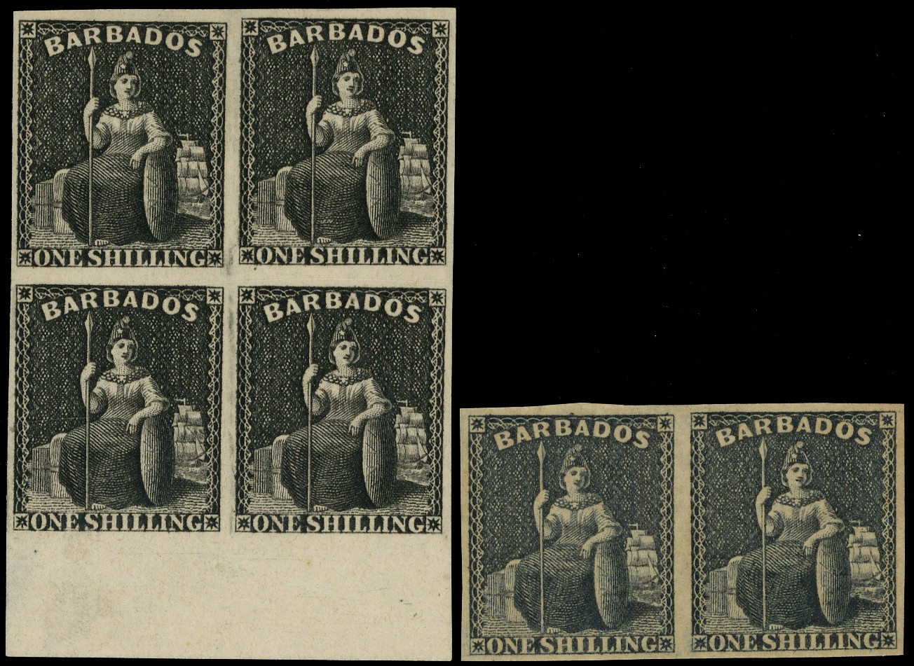 BARBADOS: 1858 1s black plate proof bottom marginal block of 4, fine and 1s black horizontal pair,