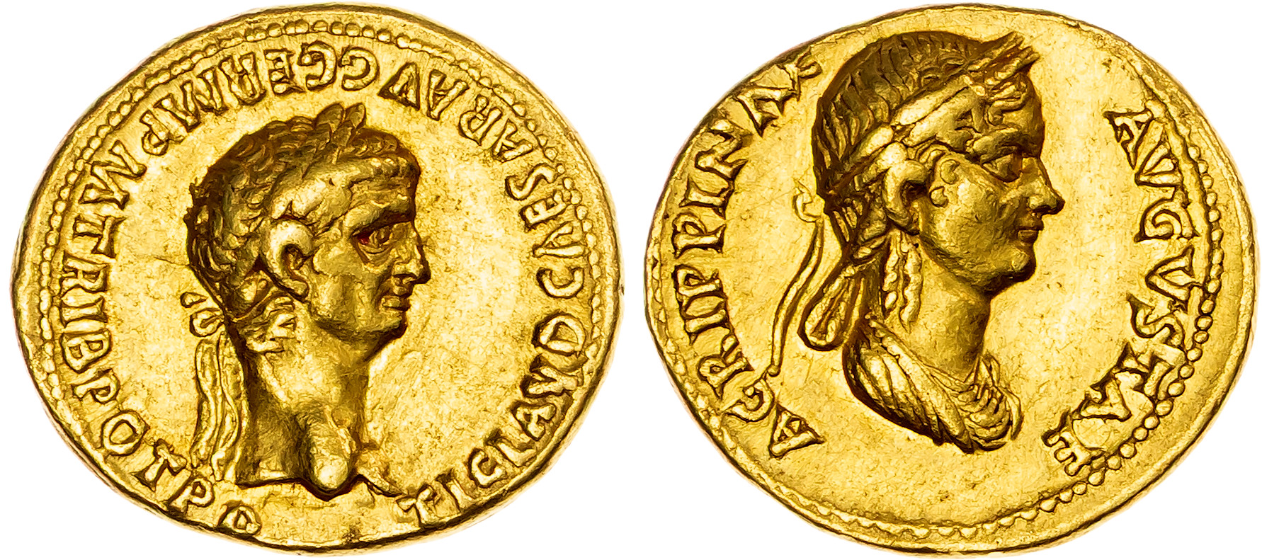 Claudius (AD 41-54), with Agrippina Junior, AV Aureus, Rome, AD 50-54, 7.68g.