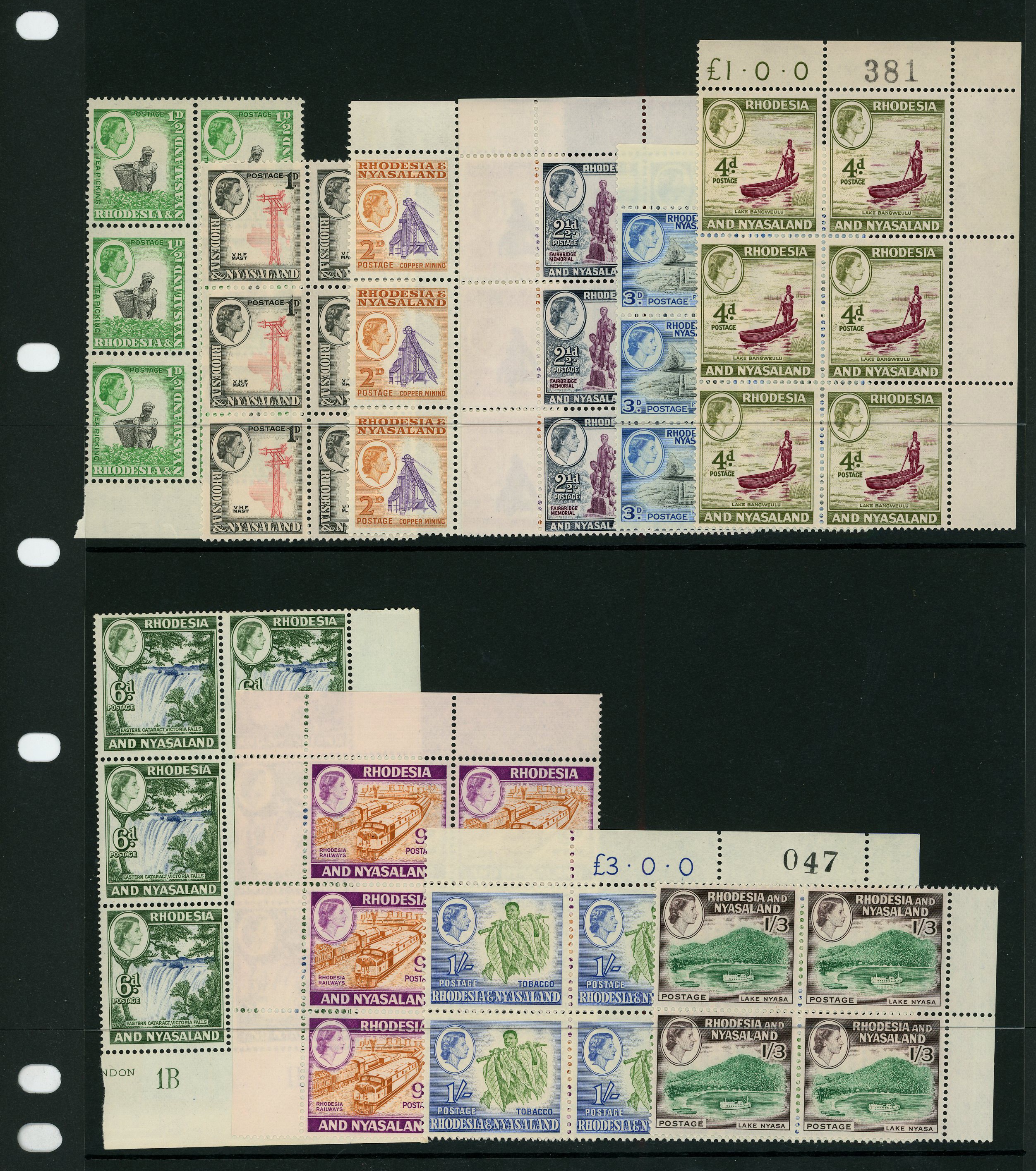 Rhodesia & Nyasaland 1959-62 QEII set as either blocks of 4 or 6, u/m SG...