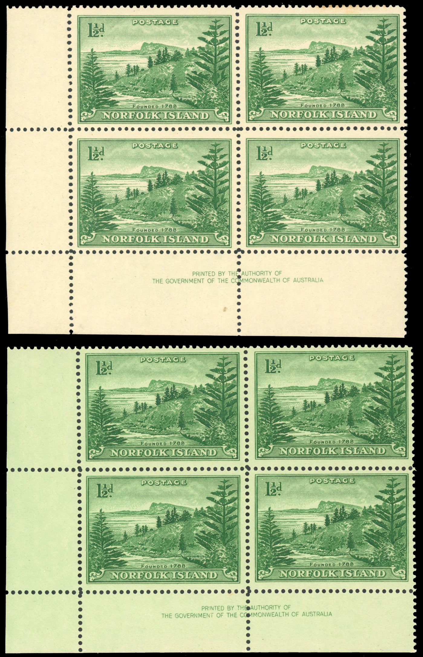 Norfolk Island SG 3 imprint block on tinted paper mint