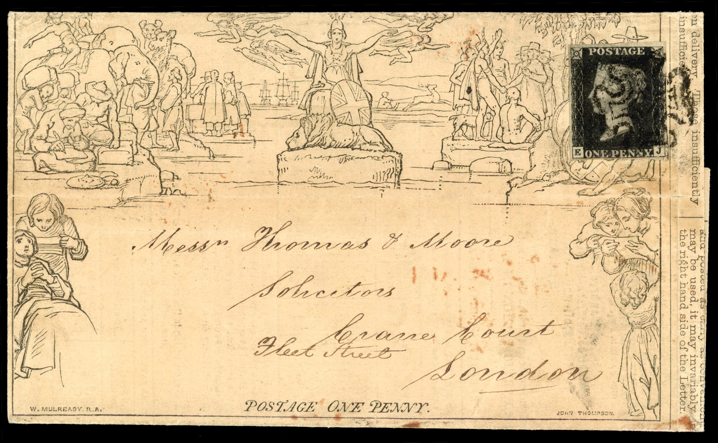 GB 1840 1d Mulready uprated lettersheet with printed advertisement for Scottish Provident in blue