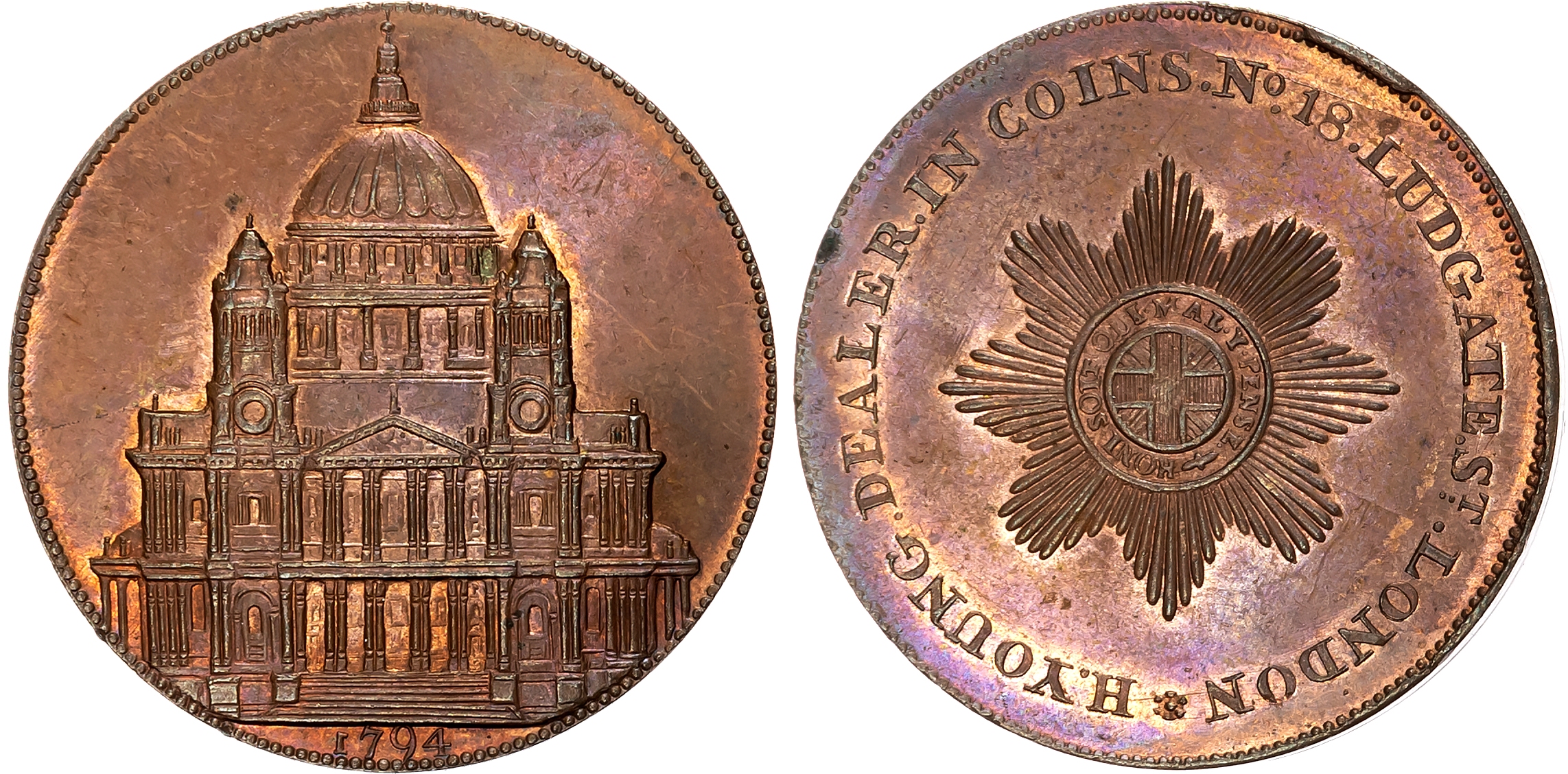 London, Ludgate Hill, Henry Young (goldsmith & jeweller), Penny, 1794, front view of St. Paul’s, rev . star and garter, …