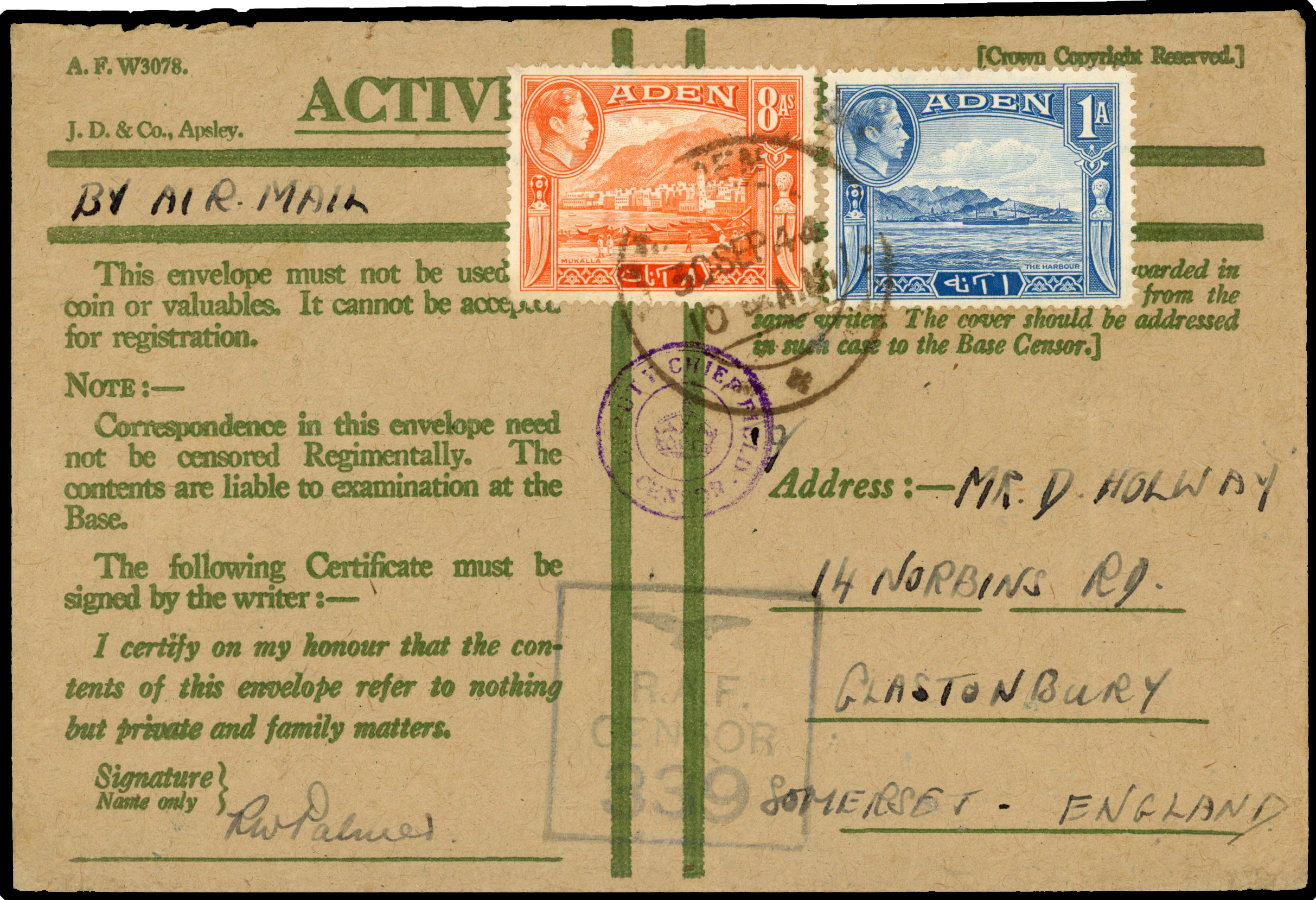 1944 Active Service cover to Somerset from the island of Socotra, unit ‘R.A.F. CENSOR 339’ in purple, Added to R2000562/4