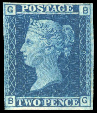 1861 2d Blue Plate 9 (BG). Imperforate imprimatur