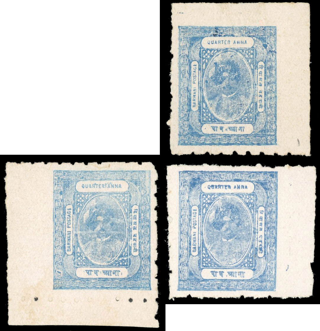 I.F.S. Barwani SG 7 ¼a dull blue (x3) partially reconstructed pane unused