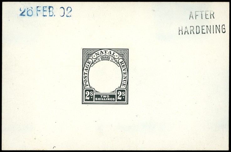1902 Die Proof of 2/- Duty Plate in black on glazed card 93 x 60mm, dated 26 FEB. 02 in blue and marked AFTER HARDENING. ...