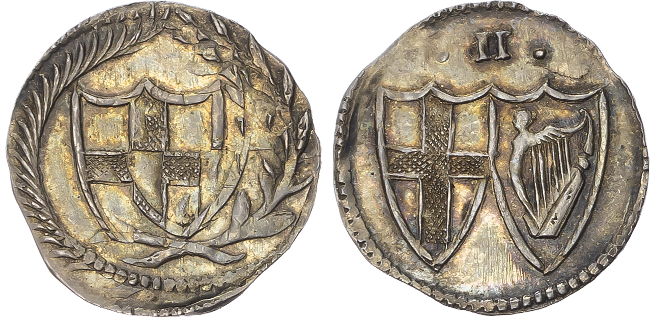 Commonwealth (1649-1660) Halfgroat, undated. English shield within laurel and palm branch. Rev, English and Irish shield…