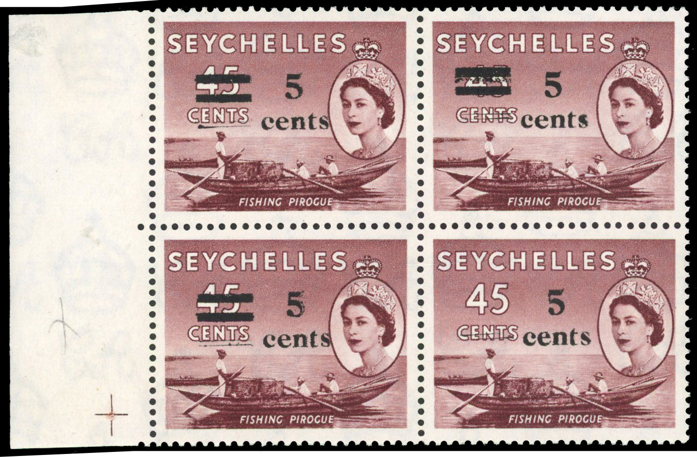 Seychelles SG 191d thick bars omitted in block of four 