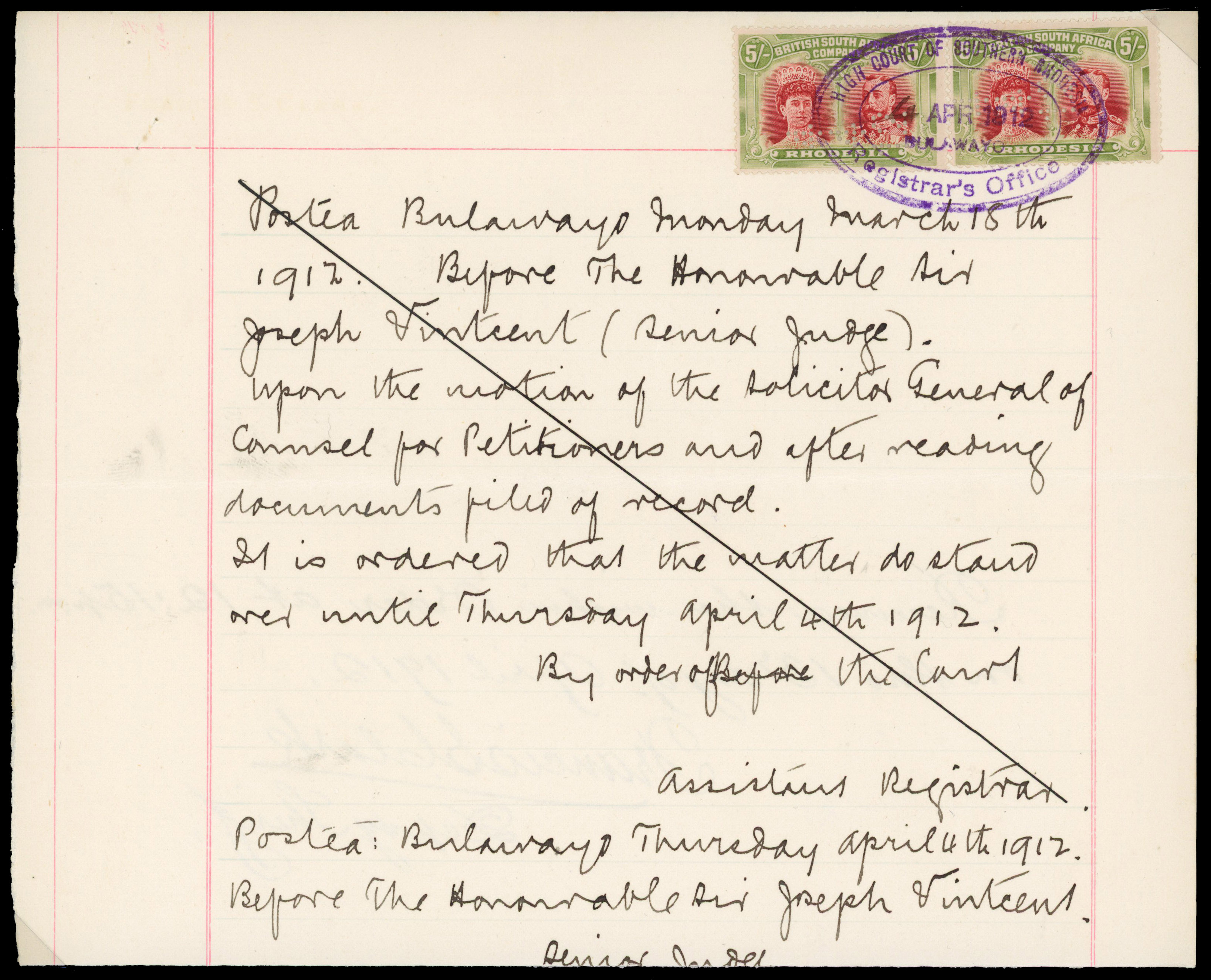 Rhodesia SG 160a 5s pair on legal document