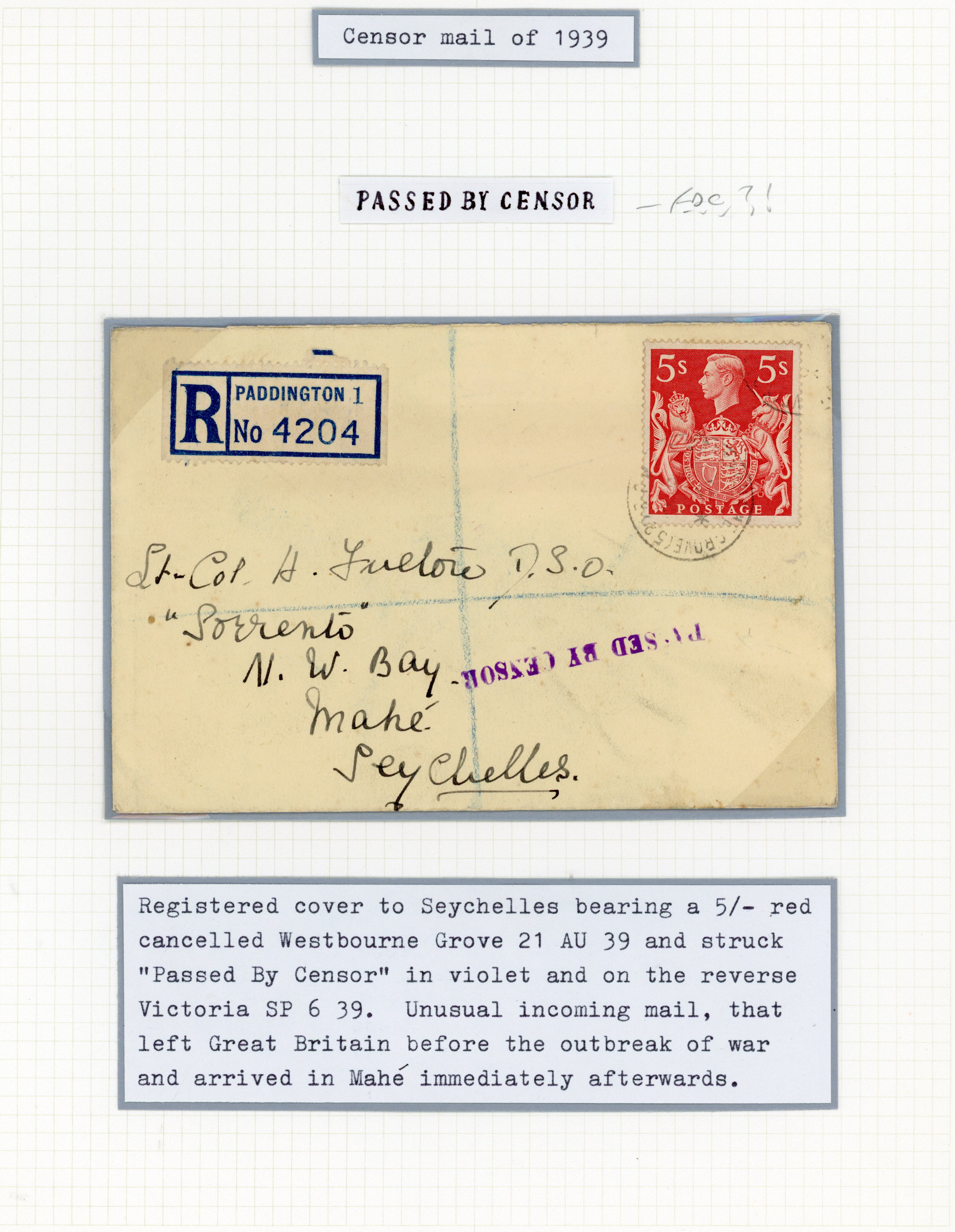 Seychelles 1939 incoming Censored mail from GB