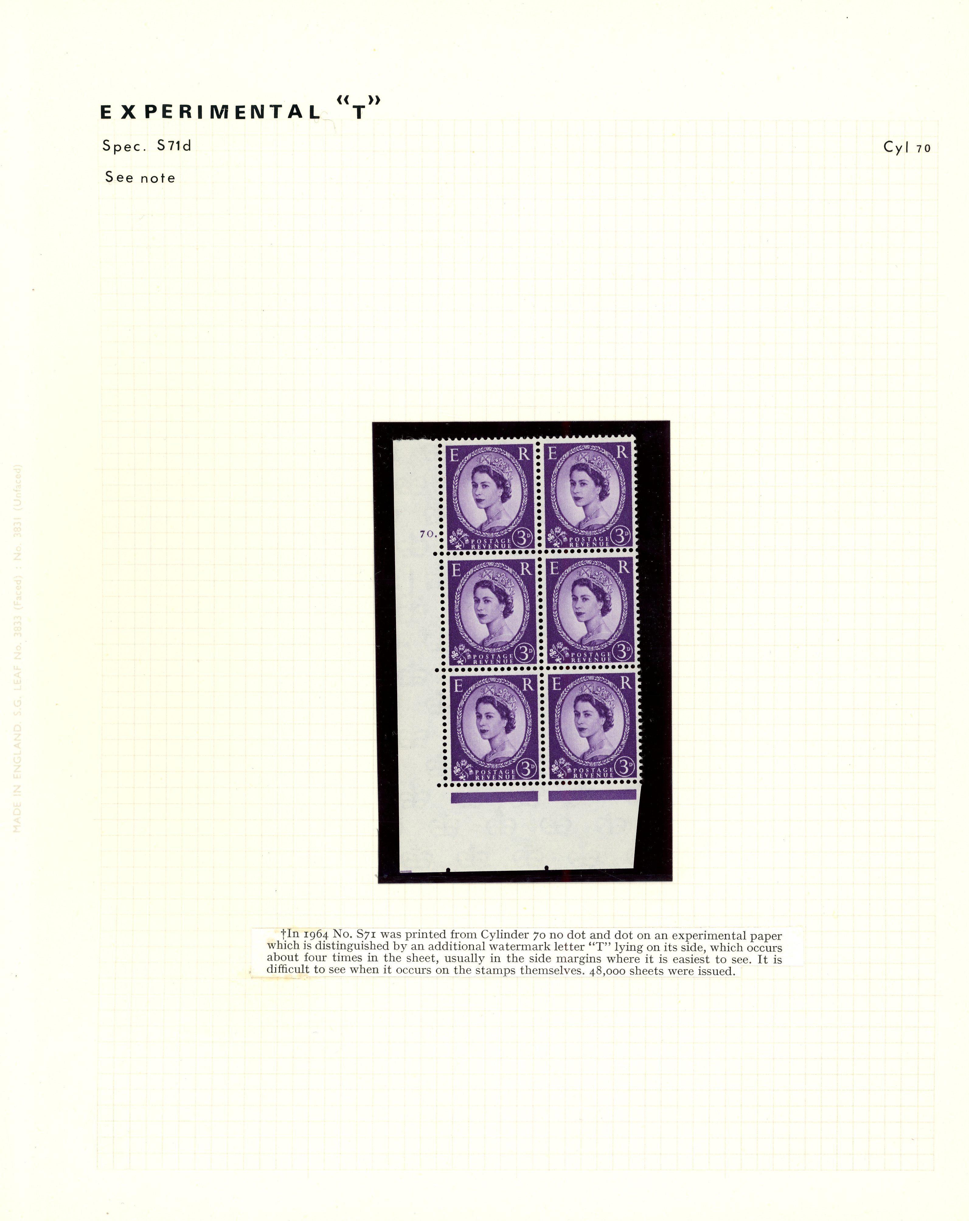 GB: 1962 3d deep lilac 70 dot block of 6 with experimental ‘T’ wmk in margin plus selection of commemoratives
