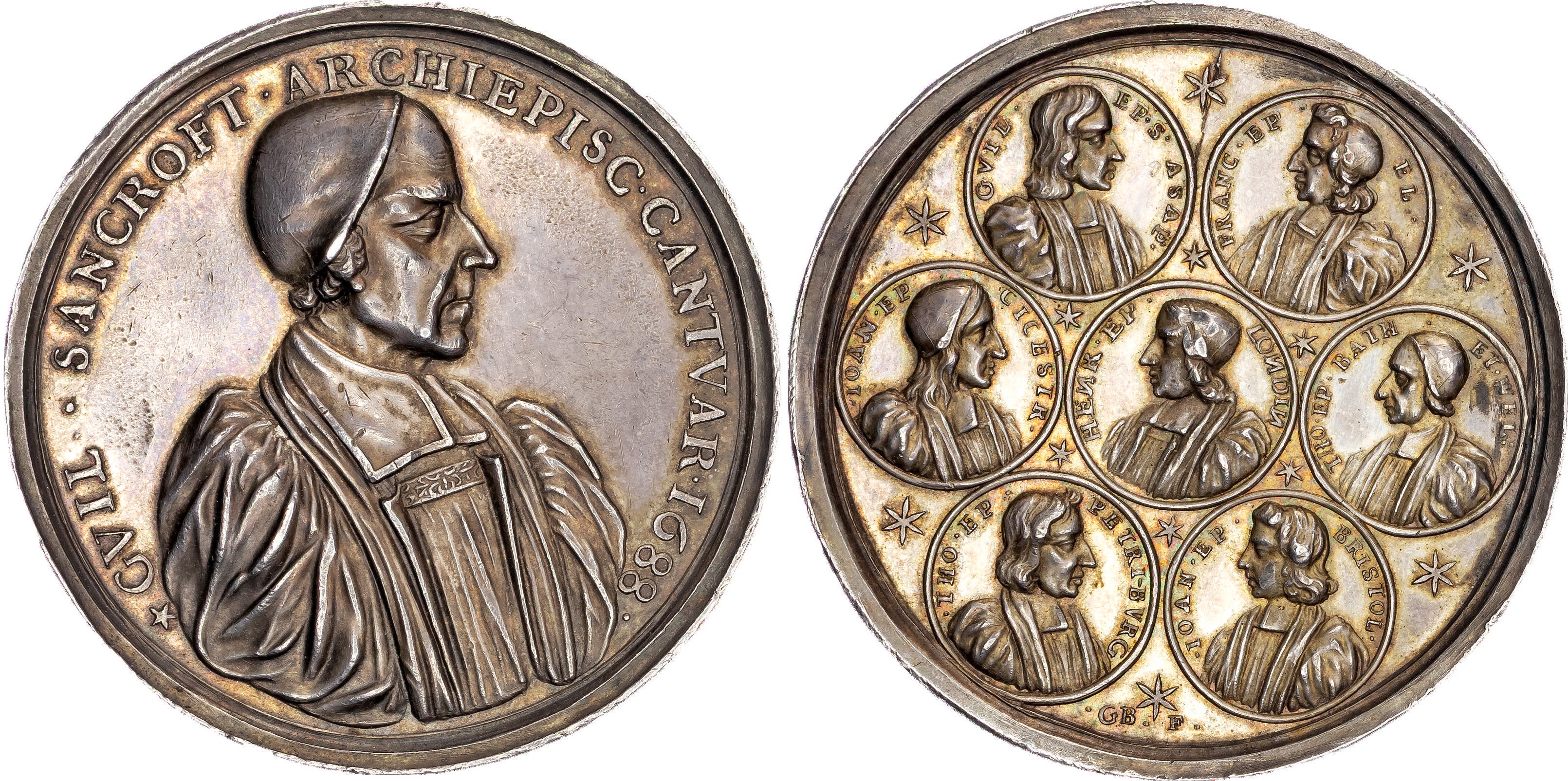 Charles II, Archbishop William Sancroft and the Seven Bishops, 1688, struck silver medal by George Bower.