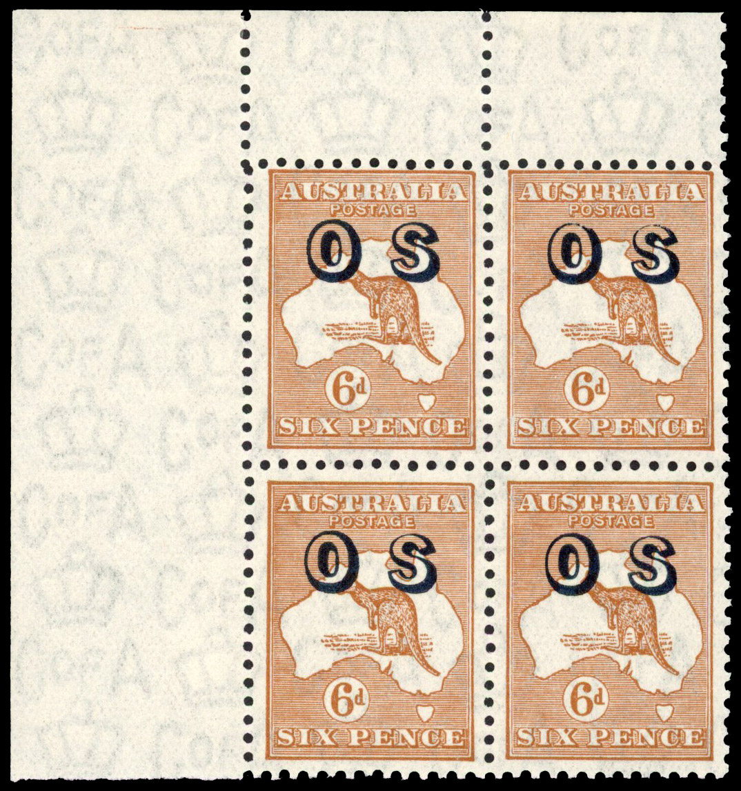 Australia Official. 1932-33 Kangaroo 6d chestnut corner block unmounted S.G> O133