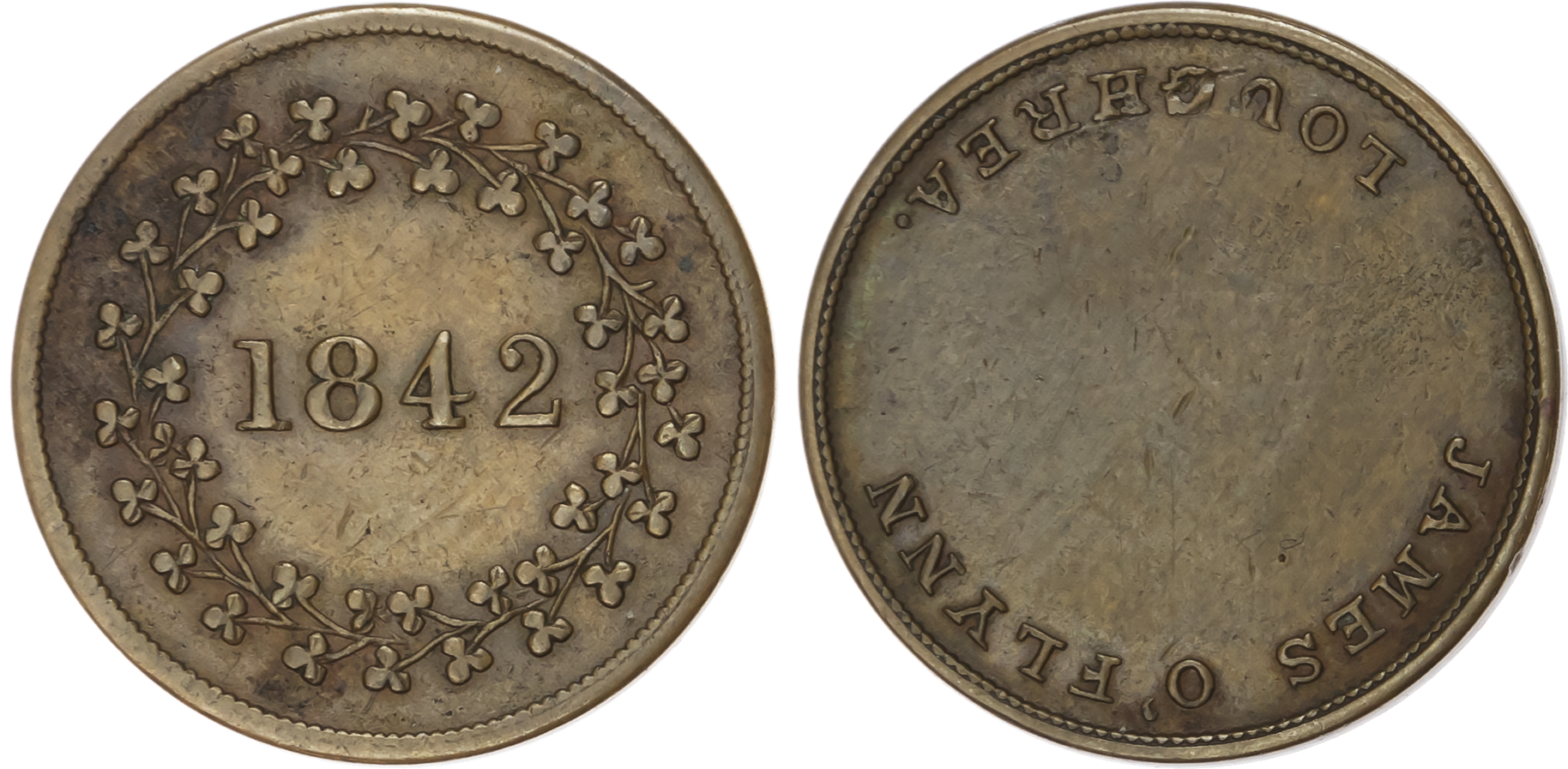 Loughrea, James O’Flynn ( draper & haberdasher ) farthing 1842 outer legend only/date in shamrocks, 22mm. (W 6…