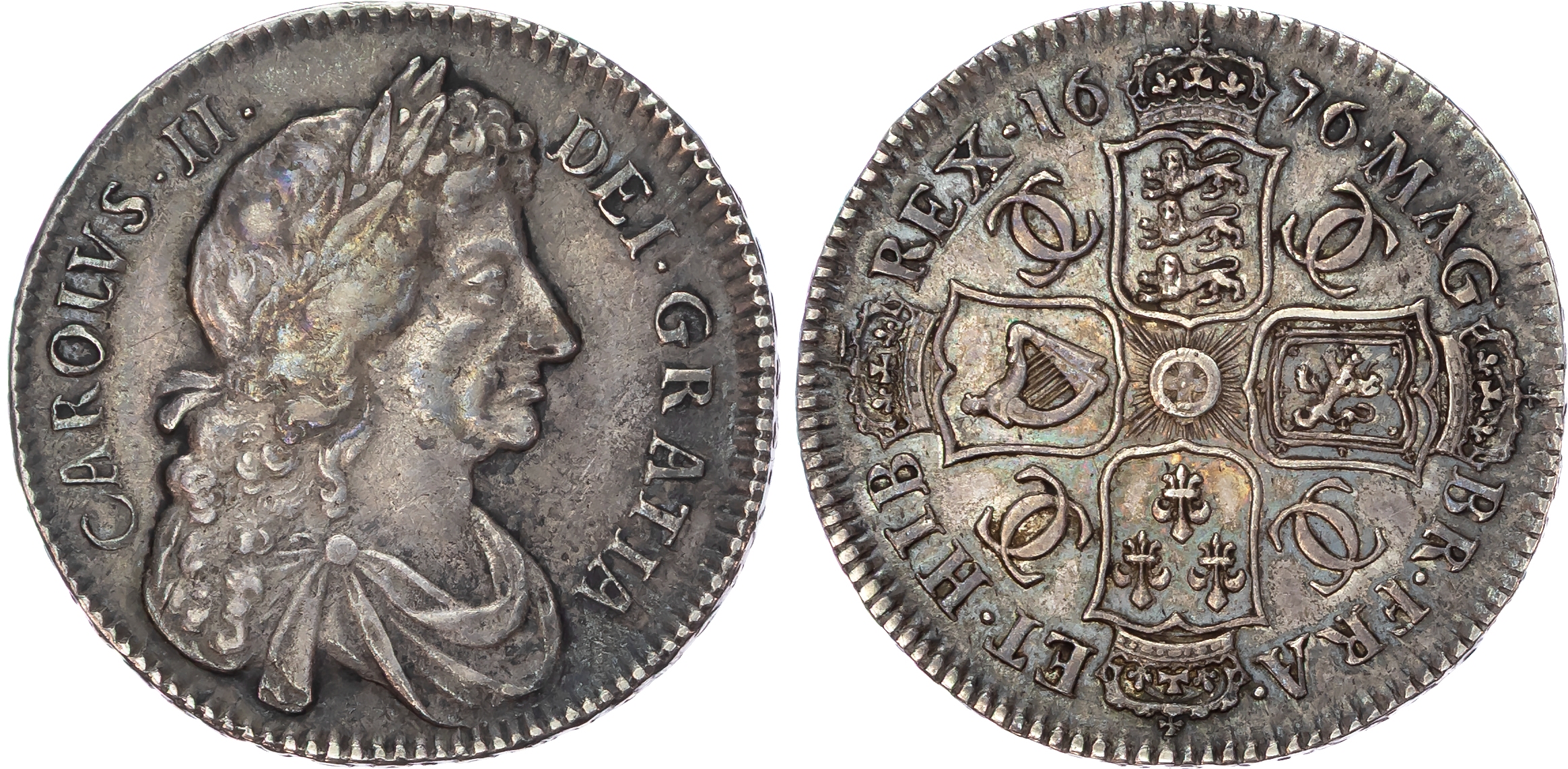 Charles II (1660-1685), Halfcrown, 1676 V. OCTAVO, 'Retrograde 1'.