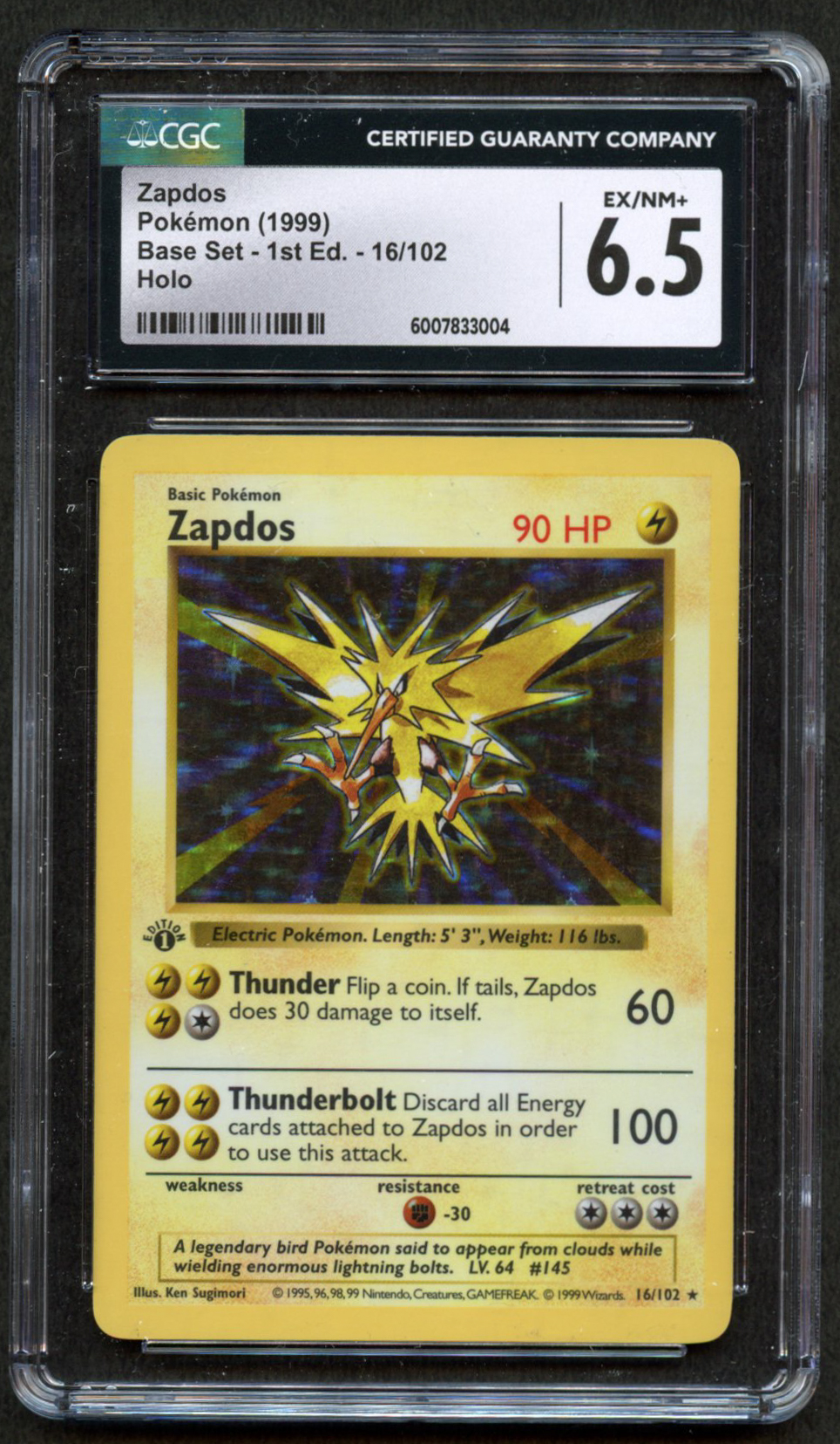 CGC 6.5 Zapdos - 1st Edition Shadowless Base Set 1999 - 16/102