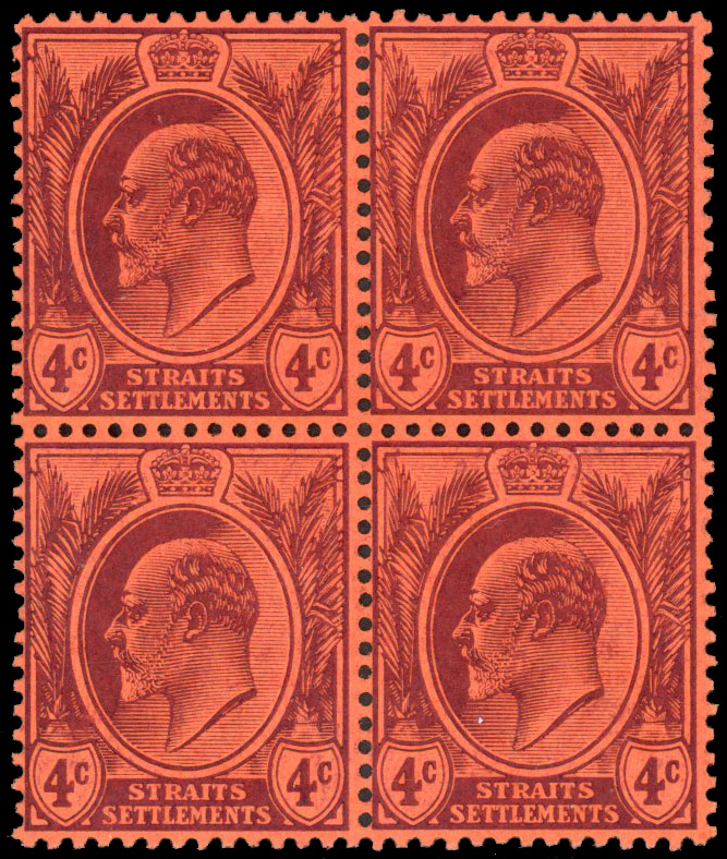 Straits Settlements 1904-10 4c purple/red wmk MCA variety watermark inverted block of 4