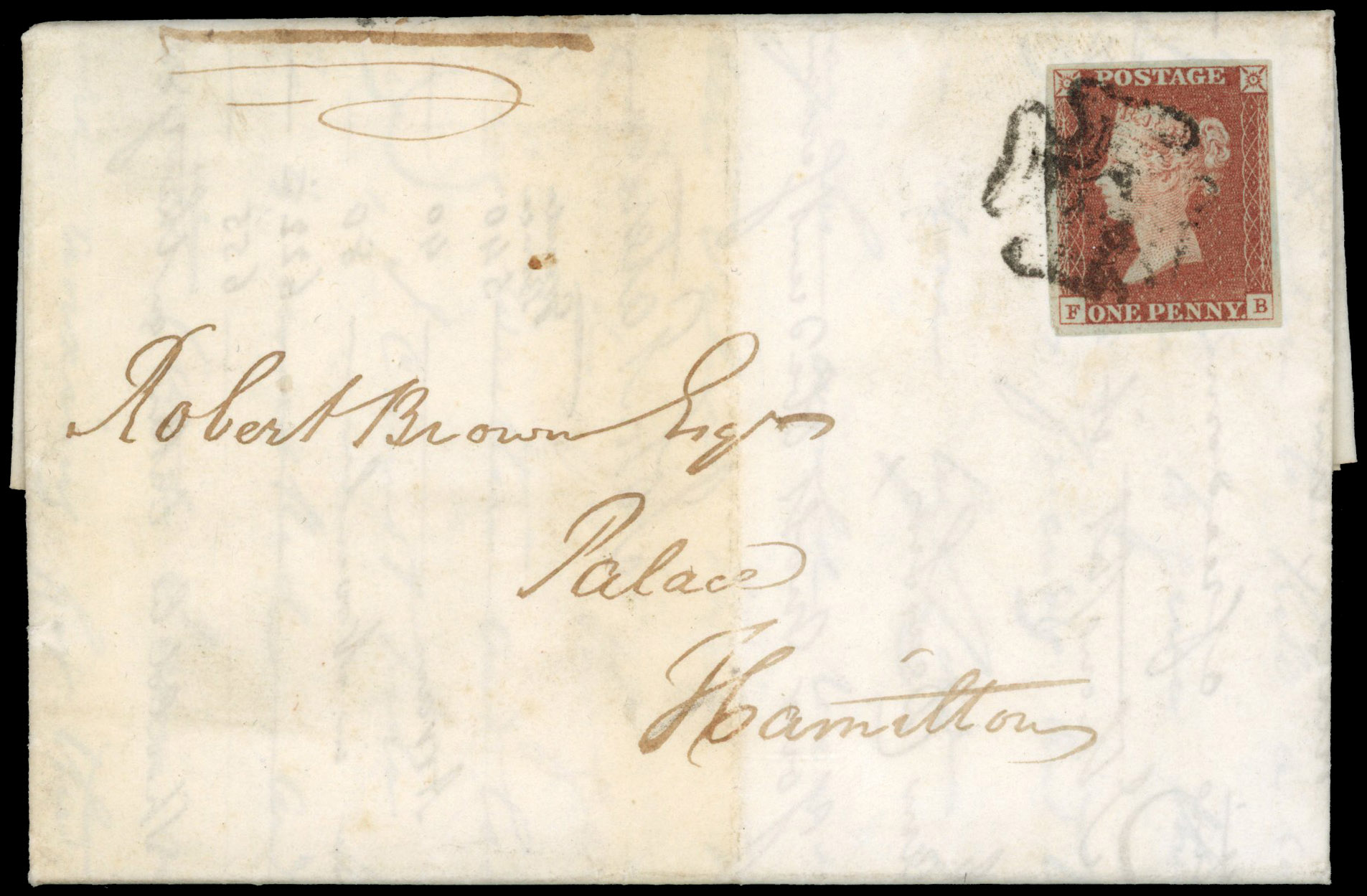 SG 7 1d red-brown from black Plate 2 addressed to Hamilton