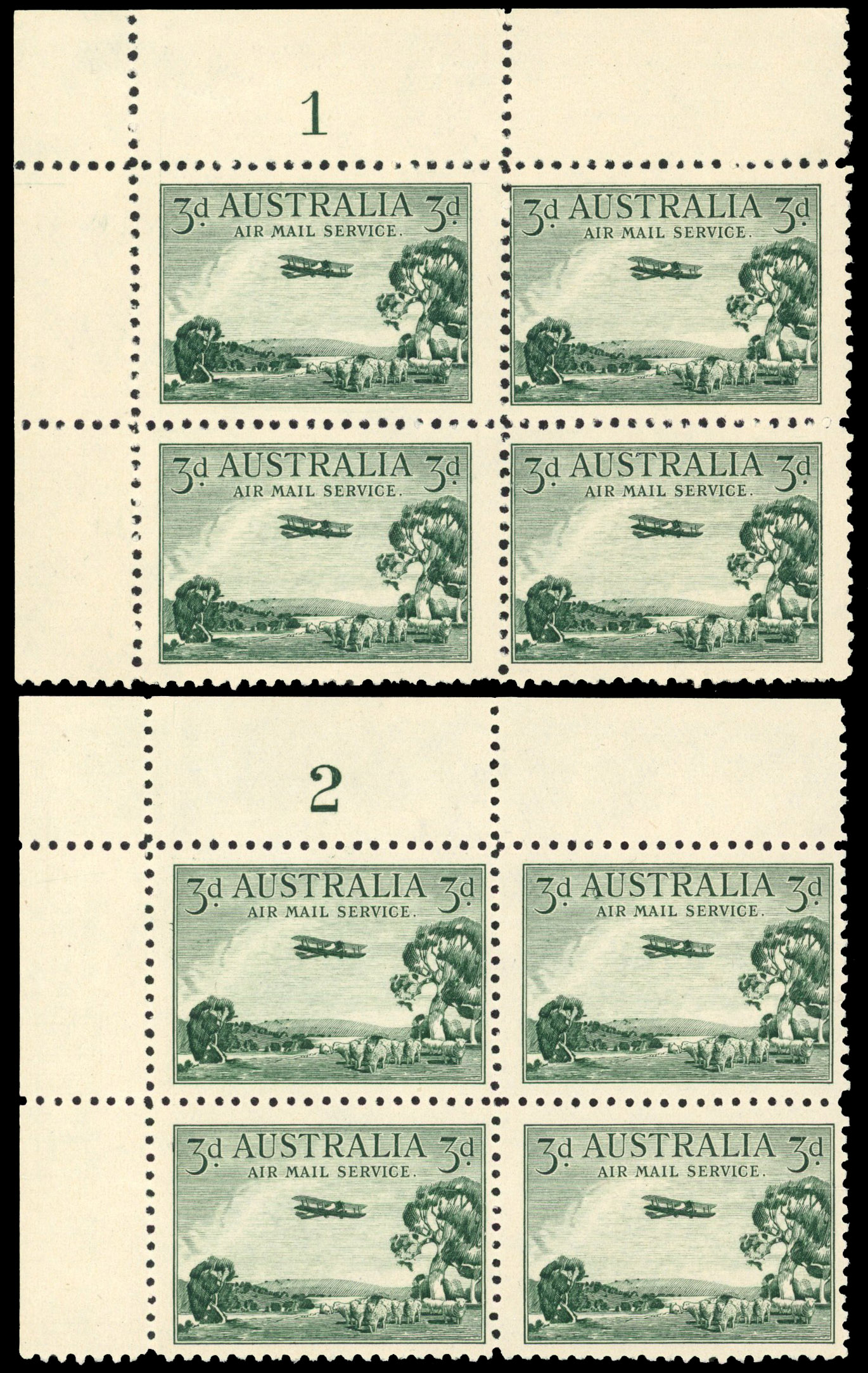 Australia 1929 3d Airmail 3d green 4x different Plate blocks of four unmounted o.g. 